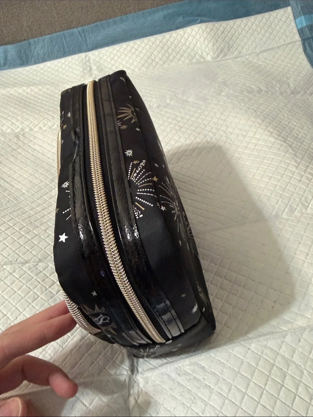 Victoria's Secret Black Cosmetic Pouch with Gold & Silver Starburst Print